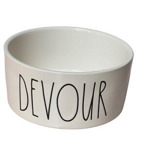 RAE DUNN "Devour" Ceramic Dog Bowl - White Dishwasher & Microwave Safe